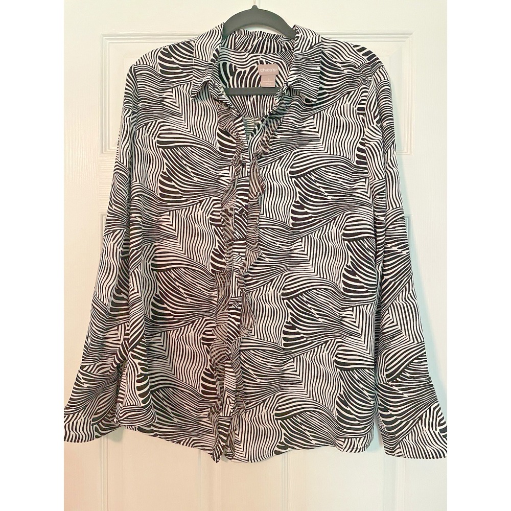 Chico's Zebra Print Long Sleeve ruffle Front Blouse Top Shirt Size 2 12/14
